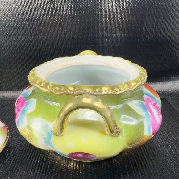 Antique Nippon Porcelain Hand Painted Sugar Bowl Small Container Jar Beaded VTG - Picture 12 of 15
